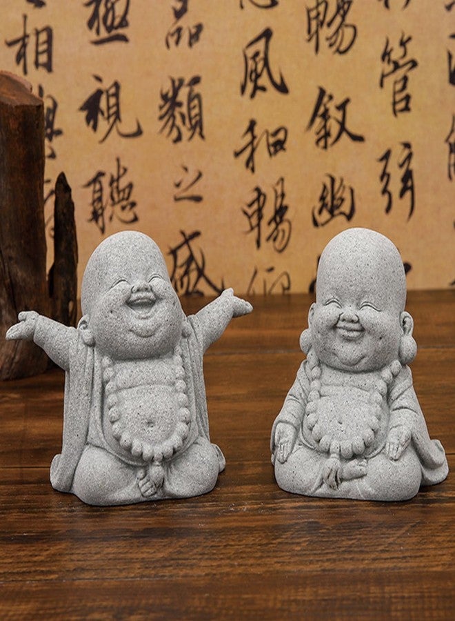 Ftplayuiq 2Pack Buddha Sandstone Statues Zen Monk Buddha Statue Zen Garden Decor Zen Monk Praying Statue Sculptures Ornament for Wealth Good Luck Feng Shui Decor(Laughing Buddha) - Image 2